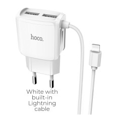 Зарядное устройство HOCO C59A, 2.4A, белый, lightning, двойной порт, быстрая зарядка